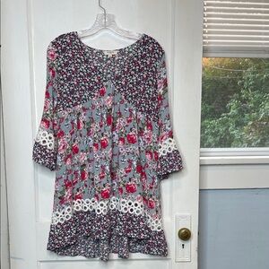 Umgee Mini Babydoll Dress Floral Tiered 3/4 Length Bell Sleeves Sz M